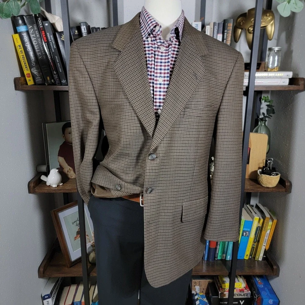 Stafford Men's Sport Coat Blazer Three‎ Button Brown Houndstooth Poly Wool 44R
